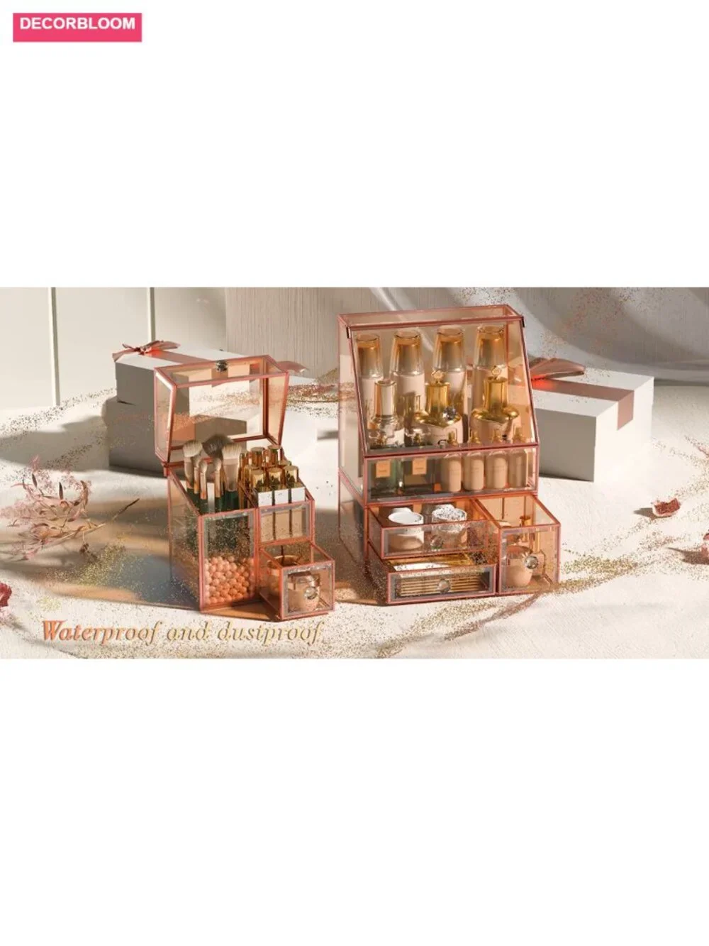 Glass Makeup Organizer - 3-in-1 Cosmetic Organizer - Vanity & Bathroom Organizer